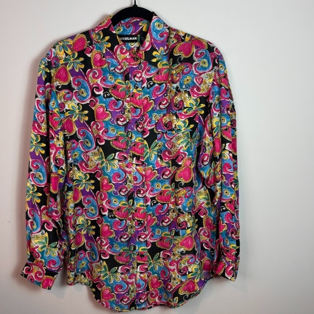 Diane Gilman Womens 100% Silk Floral Colorful Button up Blouse sz MED Retro 90's